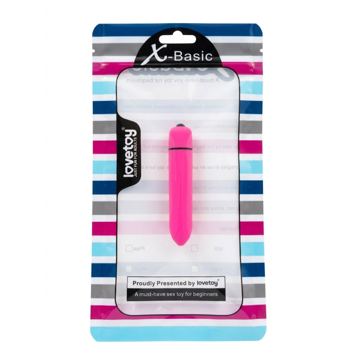 Retail packaging display showing the pink Lovetoy X-Basic bullet vibrator visible inside its striped hanging pouch with clear front window. Main image