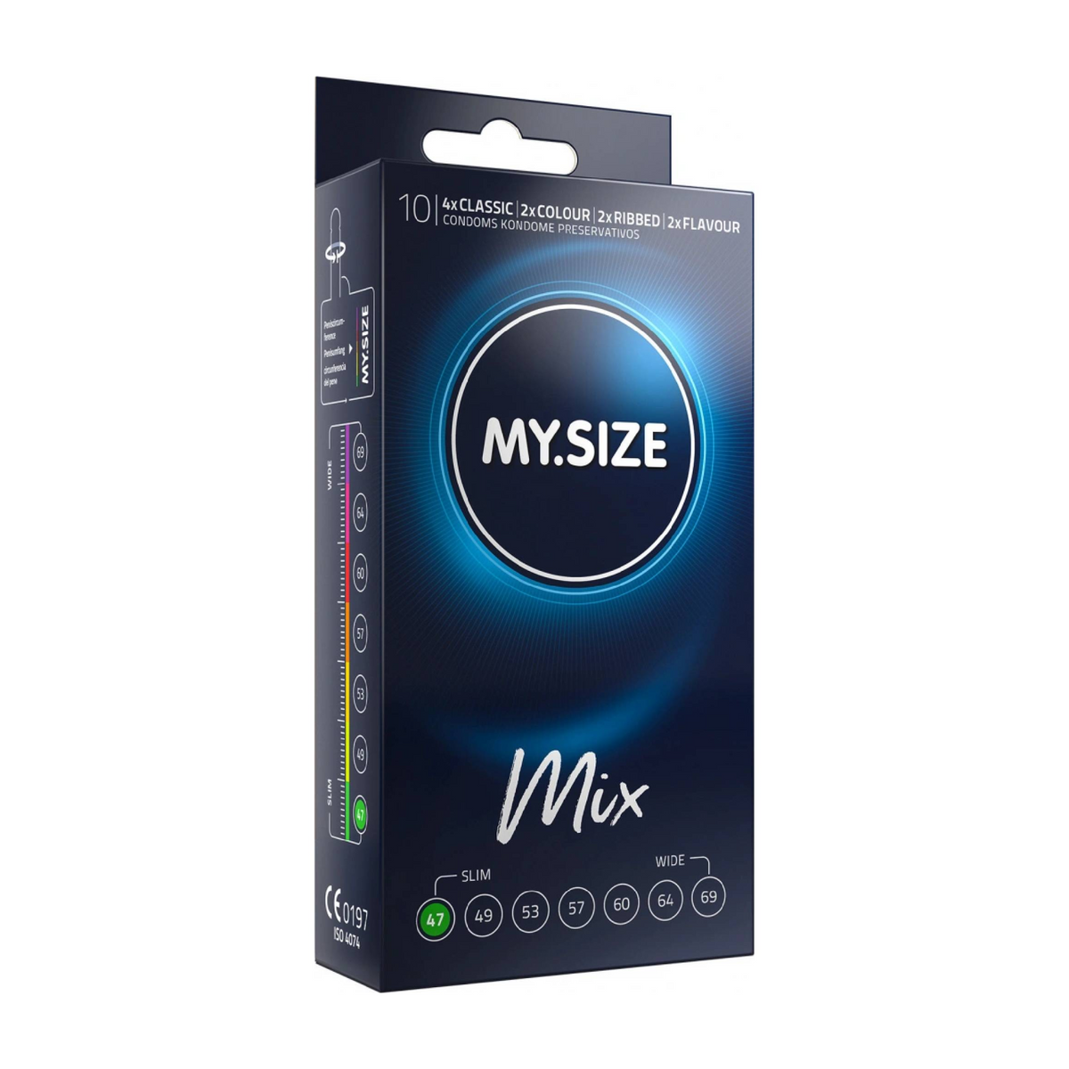An image of a box of MY.SIZE 47mm Mix condoms. The box is dark blue with a prominent circular design in the center that glows with blue and white light, featuring the white text MY.SIZE. The top of the box indicates it contains a "Mix Box of 10" condoms, including "5x CLASSIC," "2x COLOUR," "2x RIBBED," and "2x FLAVOUR." The bottom front of the box displays a highlighted size "47". Main image