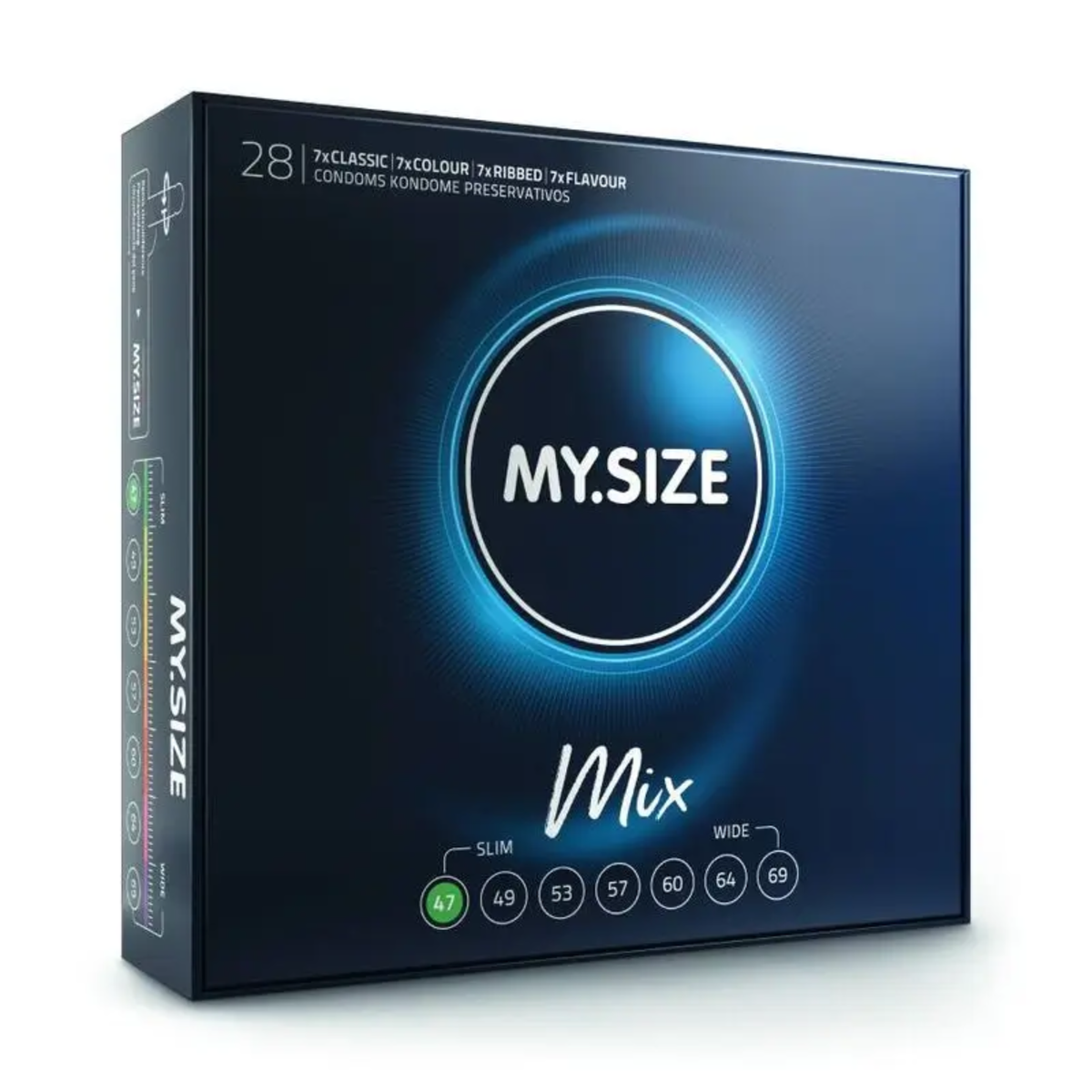 An image of a box of MY.SIZE 47mm Mix condoms. The top of the box indicates it contains a "Mix Box of 28" condoms, including "7x CLASSIC," "7x COLOUR," "7x RIBBED," and "7x FLAVOUR." The bottom front of the box displays a highlighted size "47".