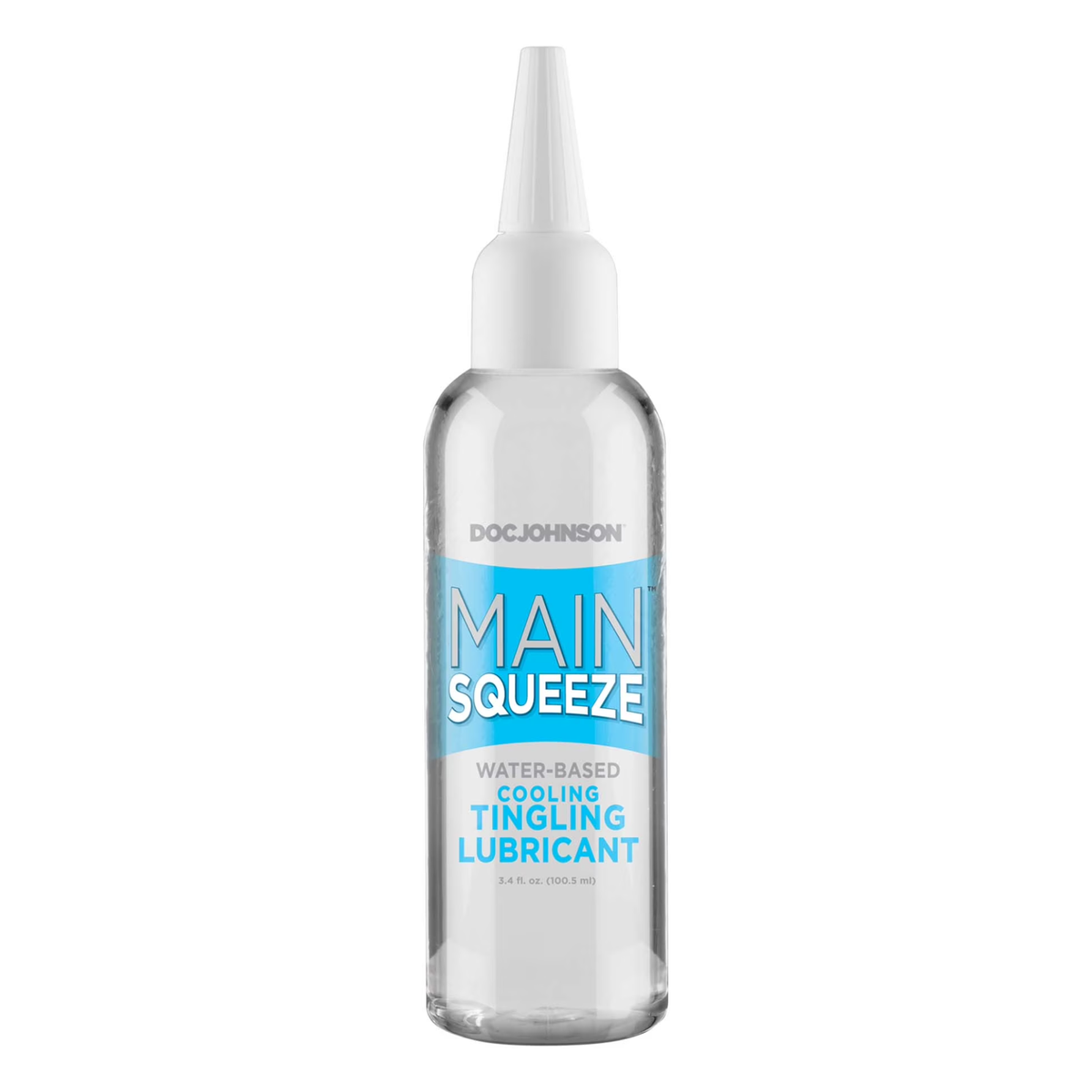 Front product view of the 3.4 fl oz (100.5 ml) clear squeeze bottle of Main Squeeze Cooling & Tingling Water-Based Lubricant with light blue branding and a white precision applicator tip.