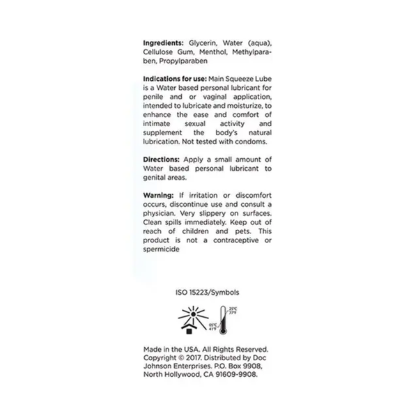 Back label text view showing the ingredients list (including Menthol and Glycerin), indications for use, directions, warnings, storage symbols, and Doc Johnson manufacturer details.