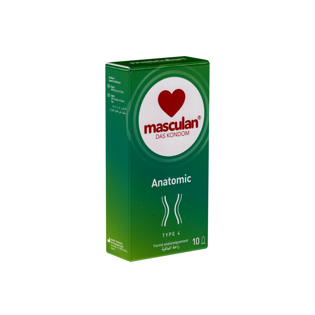 A green and white rectangular box of masculan® Anatomic condoms is centered on a plain white background. The top of the box features the brand name "masculan®" in red, stacked above the German text "DAS KONDOM" in smaller red letters, all enclosed within a white circle and a larger red heart symbol. Main image