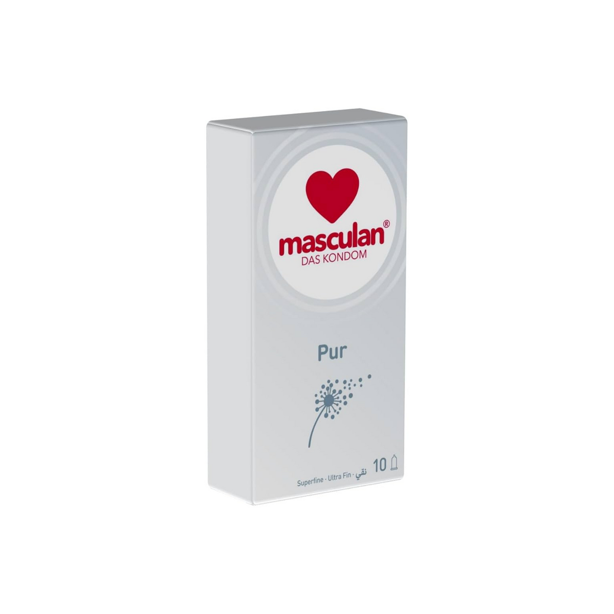 A white rectangular box of masculan® Pur condoms is shown against a plain white background. The top portion of the box features the brand name "masculan®" in red, stacked above the German text "DAS KONDOM" in smaller red letters, all enclosed within a red heart symbol.