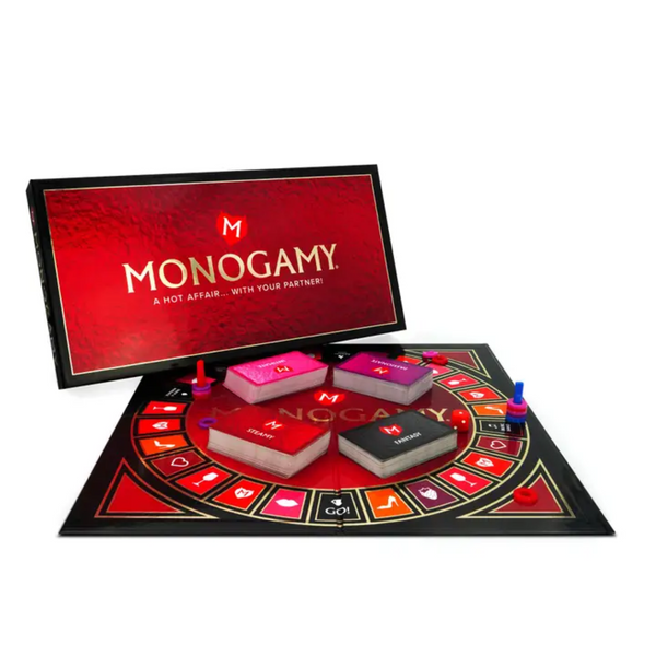 An image of the Monogamy: A Hot Affair... With Your Partner! board game. The red box lid is behind the black and red board, which is unfolded and laid out. 