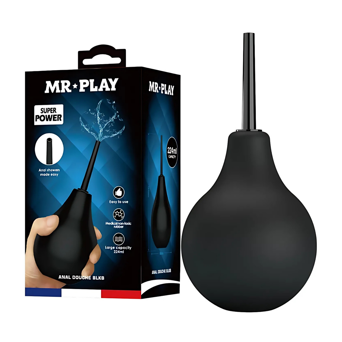 Mr. Play Anal Douche Black 7.5 fl.oz next to retail box showing 224 ml capacity and medical-grade non-toxic rubber bulb Main image