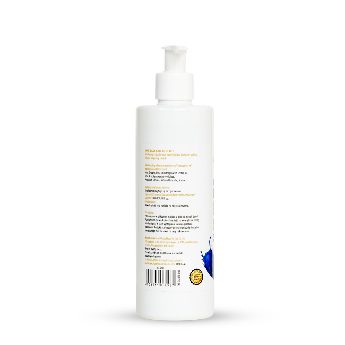 Rear view of the 300 ml MyLove Anal Back Side Comfort pump bottle showing product details, ingredients, manufacturer information, and a barcode with a quality seal at the bottom.