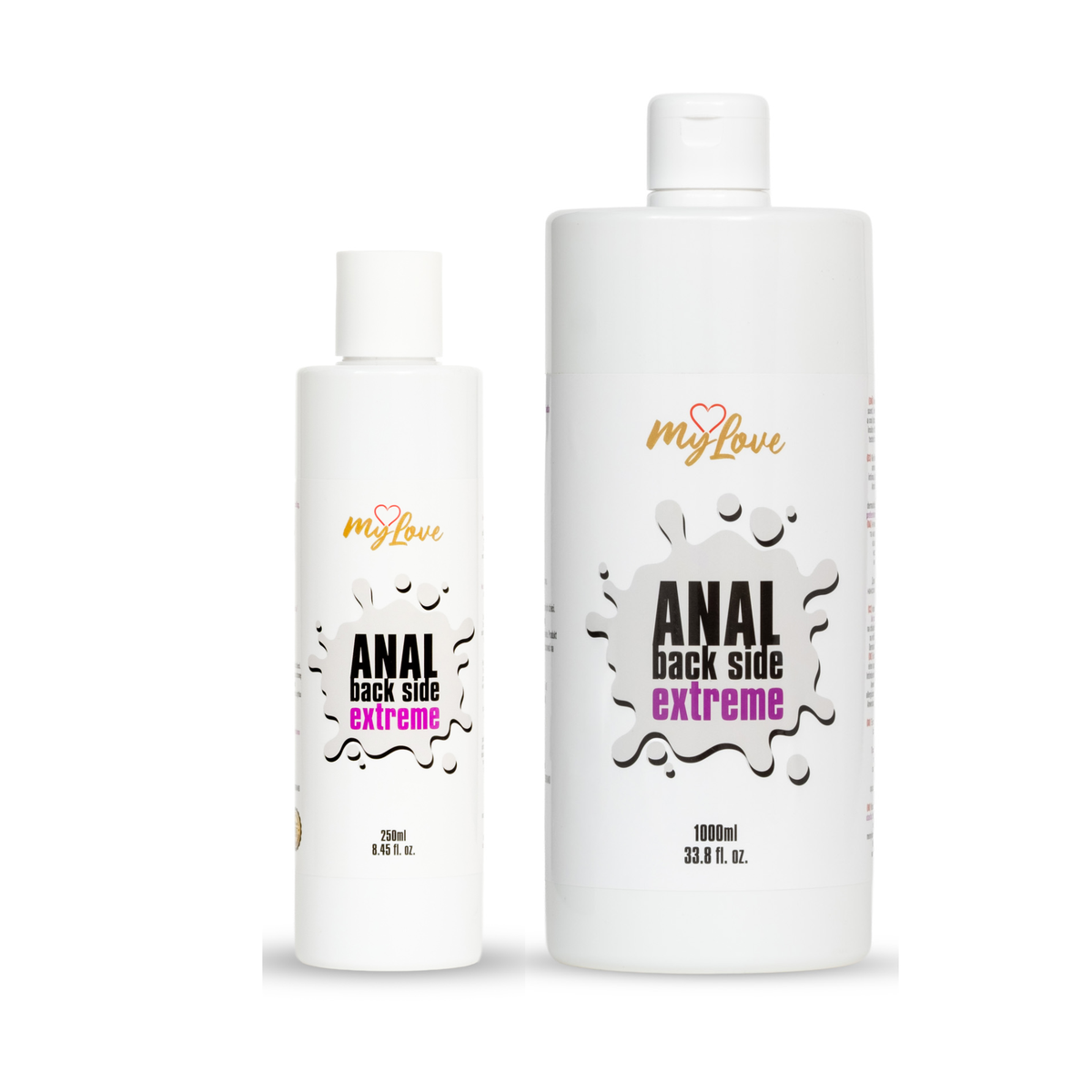 Two white bottles of MyLove Anal Back Side Extreme water-based gel stand side-by-side against a white background. The smaller 250 ml bottle is on the left, and the larger 1000 ml bottle is on the right, both featuring a white splash graphic and pink typography. Main image