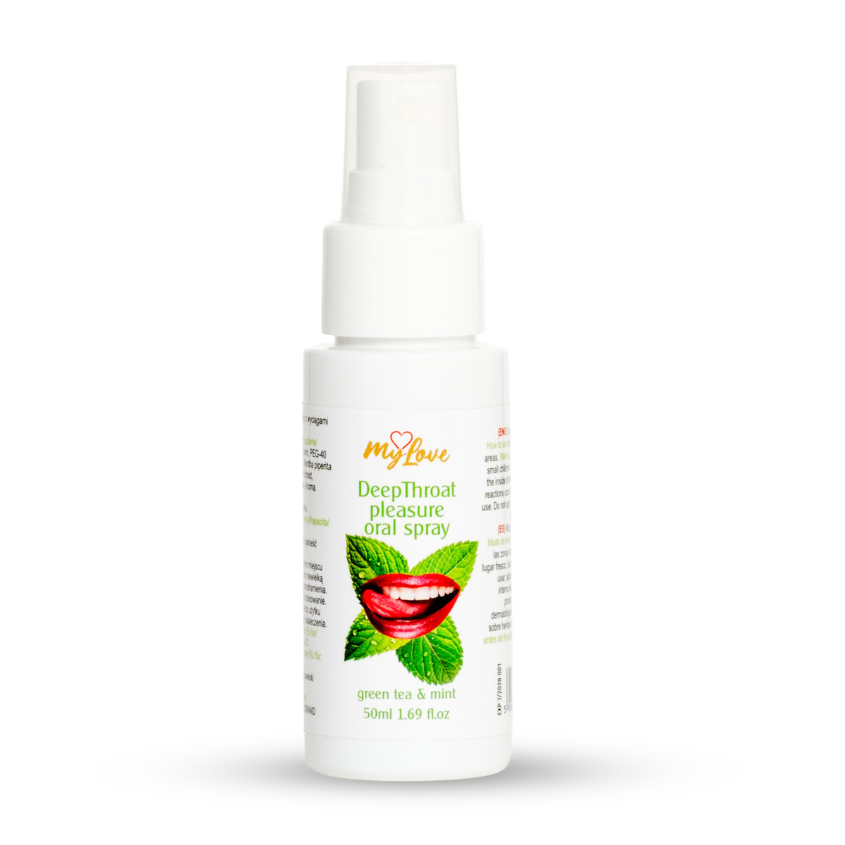 Front view of the 50 ml MyLove Deep Throat Pleasure Oral Spray in Green Tea & Mint flavor standing centered against a white backdrop. The label features fresh mint leaves surrounding a graphic of red lips licking with a tongue. Main image