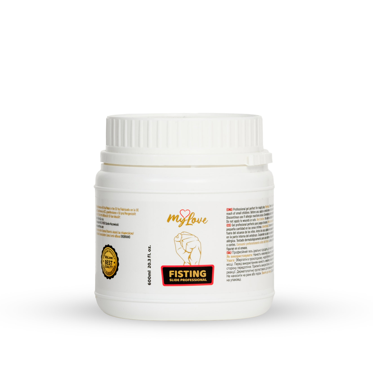 Front view of the 600 ml (20.3 fl oz) MyLove Fisting Slide Professional gel tub standing centered against a plain white backdrop. The label features a gold fist illustration above a red banner reading "FISTING SLIDE PROFESSIONAL." Main image