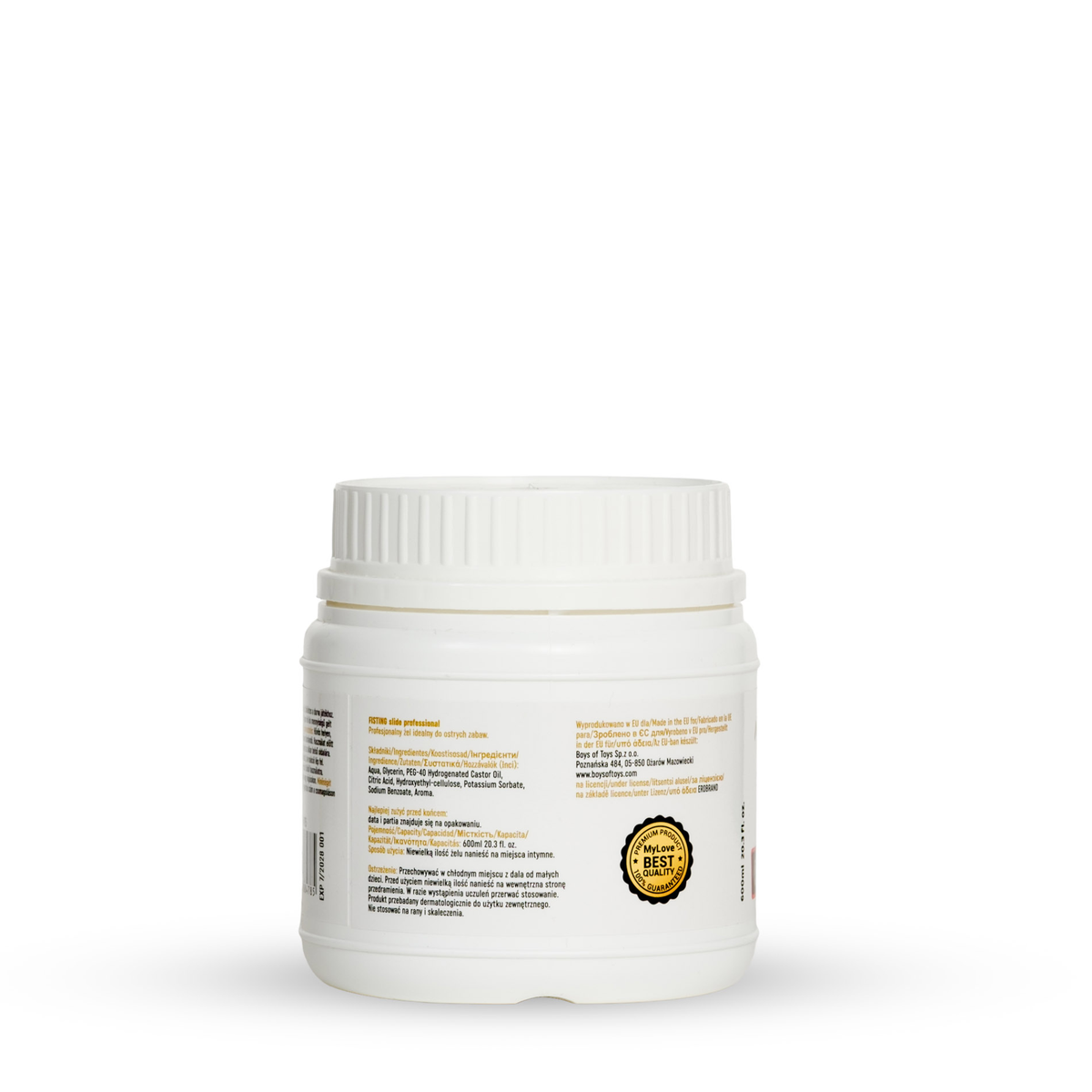 Rear view of the 600 ml MyLove Fisting Slide Professional gel tub displaying product ingredients, manufacturer information, and a barcode with a quality seal at the bottom.