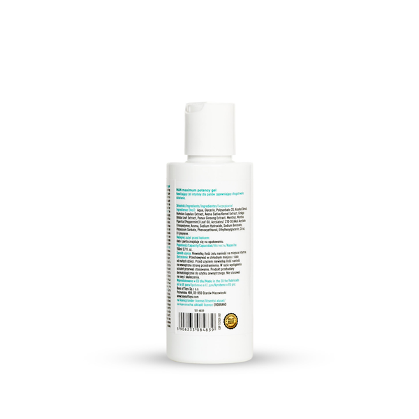 Rear view of the 150 ml MyLove Man Maximum Potency Med Gel bottle. The white label displays detailed ingredients, usage instructions, manufacturer details, and a barcode with a quality seal at the bottom.