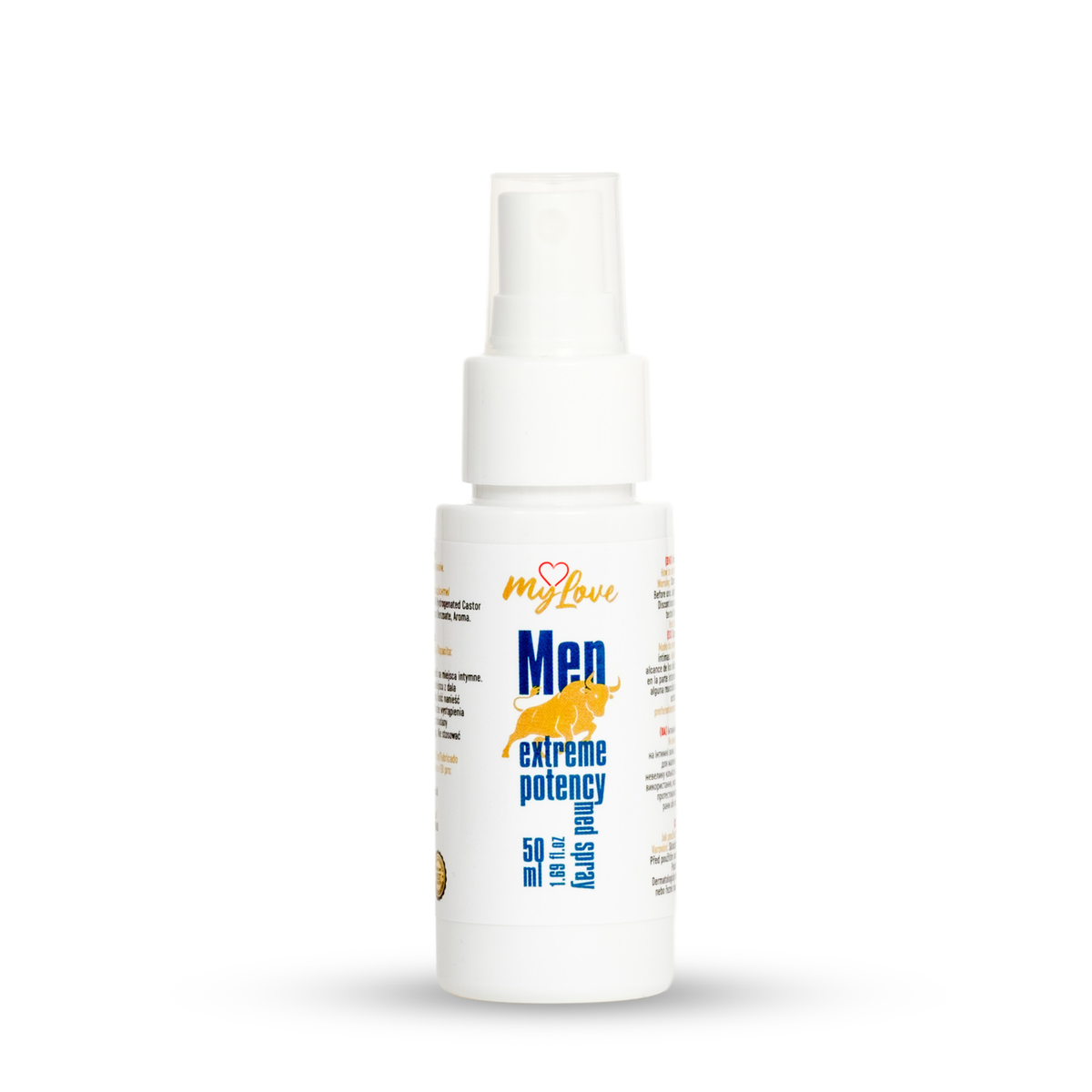 A white plastic spray bottle of MyLove Men Extreme Potency 50 ml, featuring a white pump dispenser and a label with blue and yellow text, set against a plain white background.