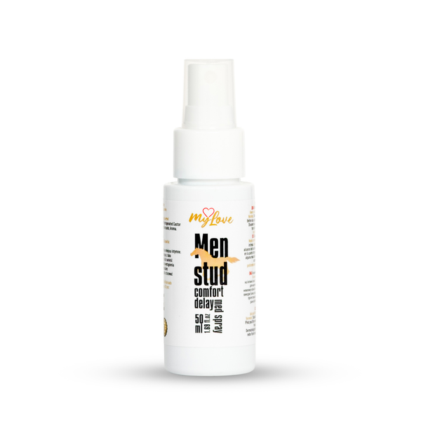 Front view of the 50 ml MyLove Men Stud Comfort Delay Med Spray bottle standing centered against a plain white backdrop. The label features a running horse/stud silhouette graphic underneath bold black typography.