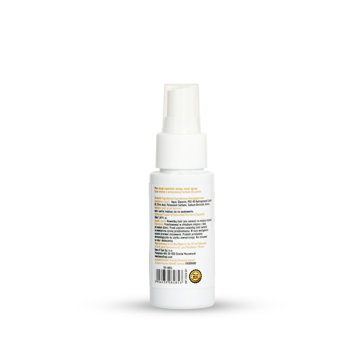 Rear view of the 50 ml MyLove Men Stud Comfort Delay Med Spray bottle displaying product ingredients, capacity specifications, manufacturer details, and a barcode with a quality seal at the bottom.