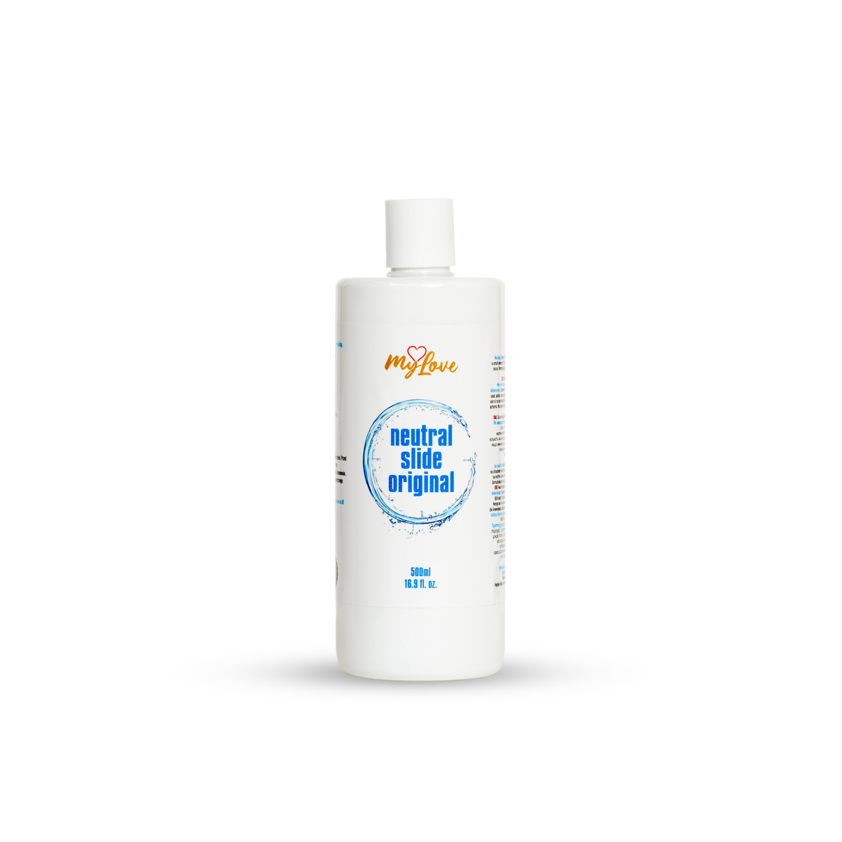 Front view of the 500 ml bottle of MyLove Neutral Slide Original lubricant standing centered against a plain white backdrop.