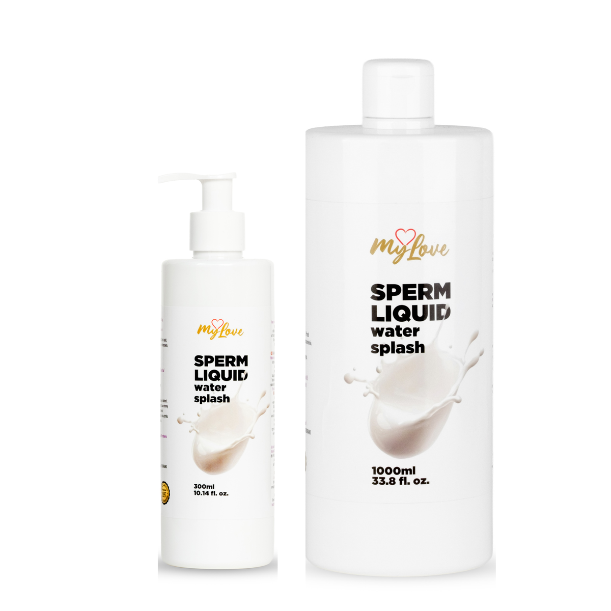 Two white bottles of MyLove Sperm Liquid Water Splash lubricant stand side-by-side against a white background, featuring the 300 ml pump bottle on the left and the 1000 ml bottle on the right. Main image