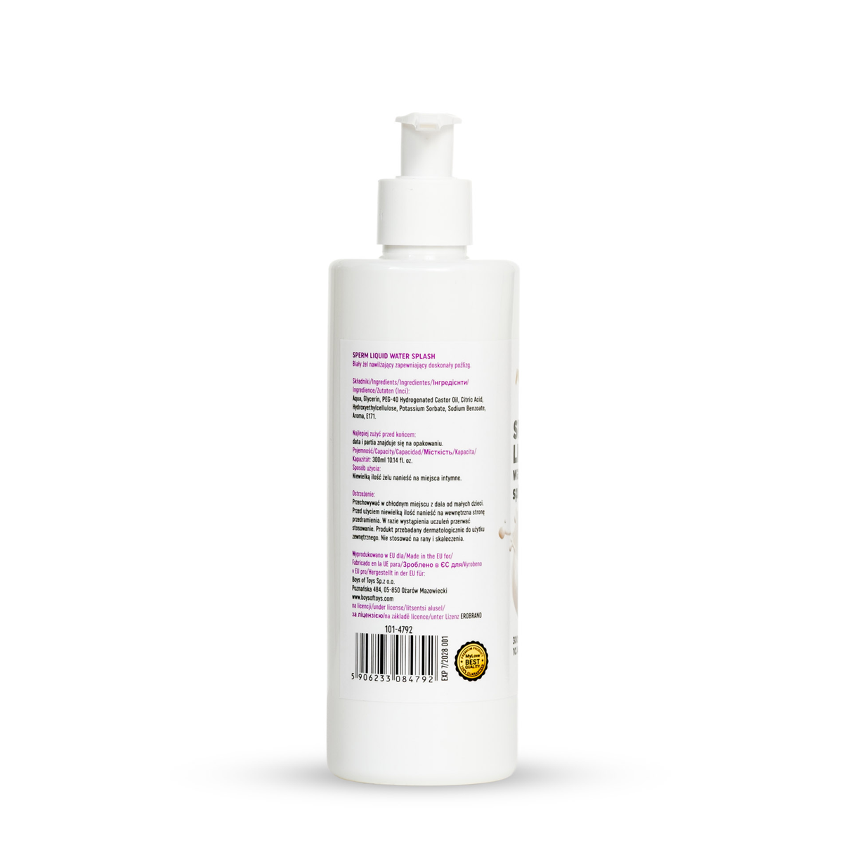 Rear view of the 300 ml MyLove Sperm Liquid Water Splash pump bottle showing detailed product information, ingredients, manufacturer details, and a barcode with a quality seal at the bottom.