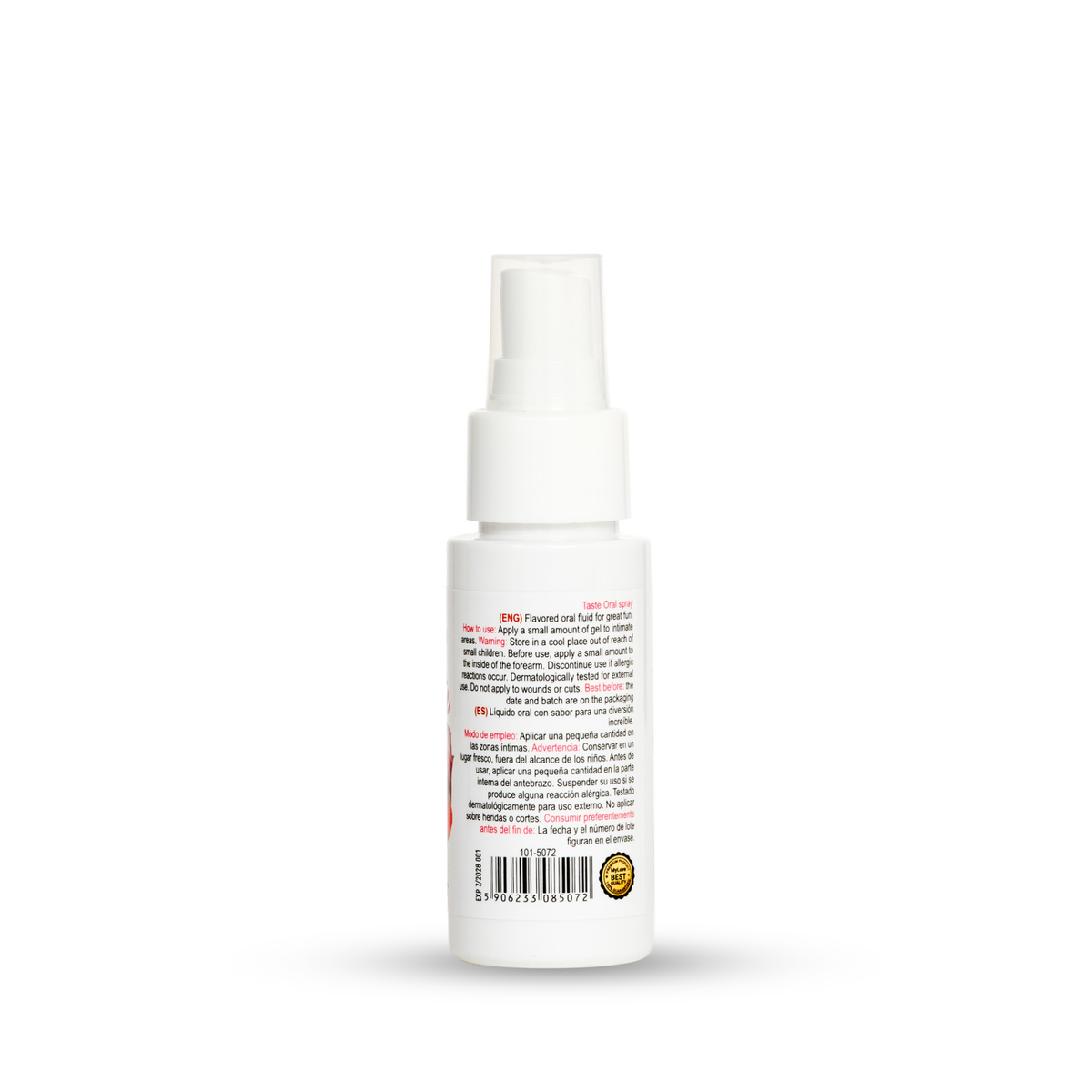 Rear-side view of the 50 ml MyLove Taste Oral Spray in Strawberry flavor showing multilingual usage instructions and safety warnings, along with a barcode and quality seal at the bottom.