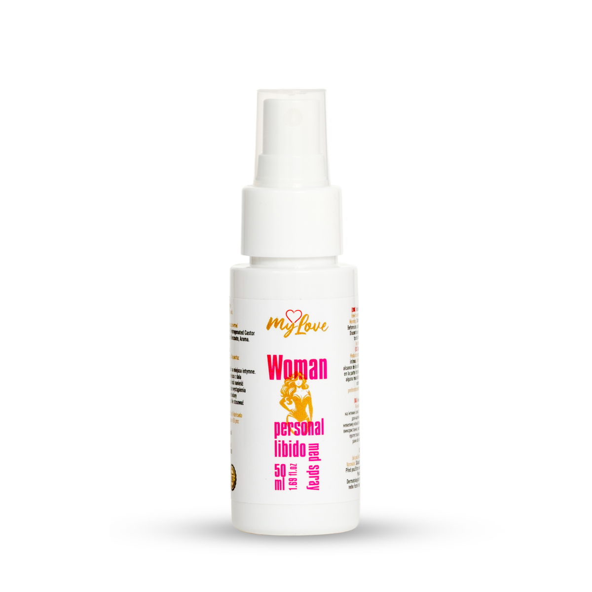Front view of the 50 ml MyLove Woman Personal Libido Med Spray bottle standing centered against a plain white backdrop. The label features a gold woman graphic in a corset with bold pink typography. Main image