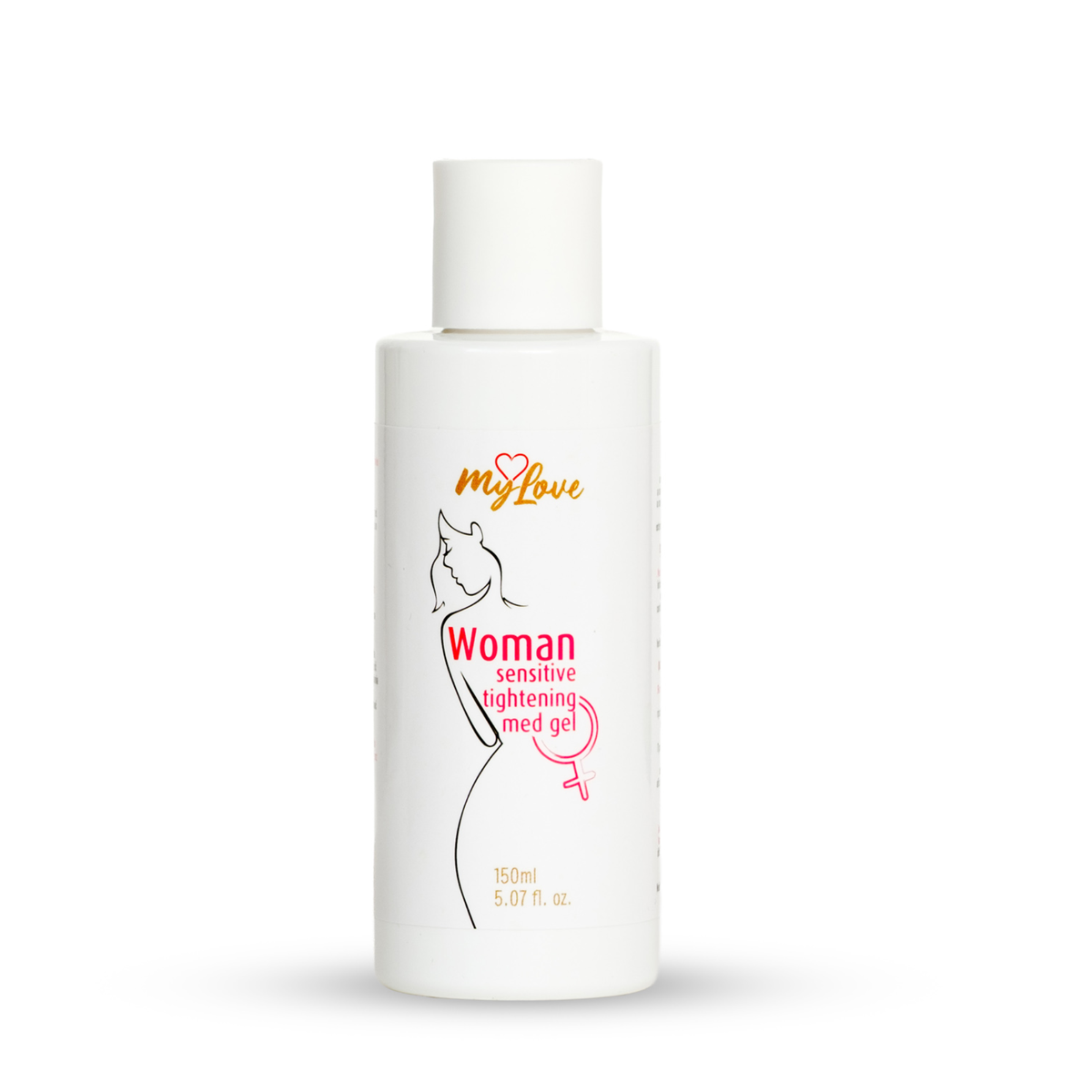 Front view of the 150 ml MyLove Woman Sensitive Tightening Med Gel bottle standing centered against a plain white backdrop. The bottle features a minimalist line drawing of a female silhouette and pink typography. Main image