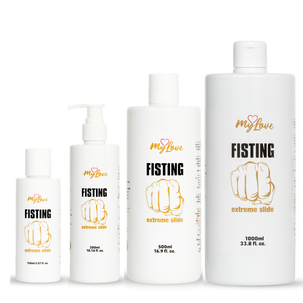 Four white bottles of MyLove Fisting Extreme Slide gel are arranged side-by-side in increasing size order from left to right: 150 ml, 300 ml, 500 ml, and 1000 ml. Each bottle features a gold fist illustration on the front. Main image