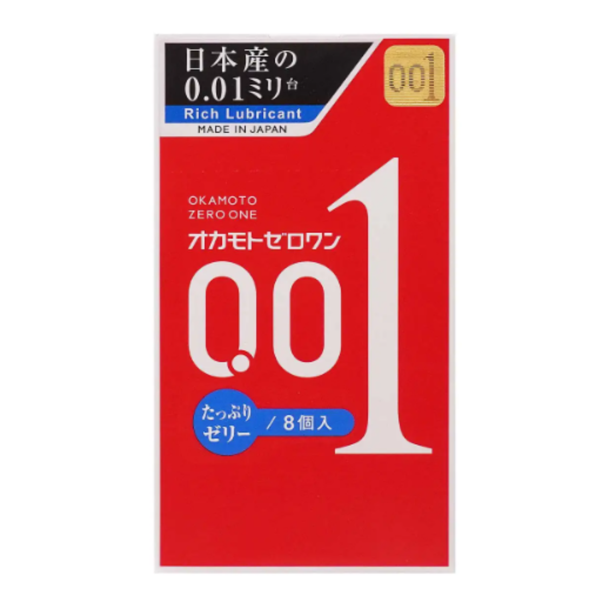Front packaging view of the red Okamoto Zero One (001) Rich Lubricant box highlighting its 0.01 mm ultra-thin design, 8-count capacity, and "MADE IN JAPAN" label.