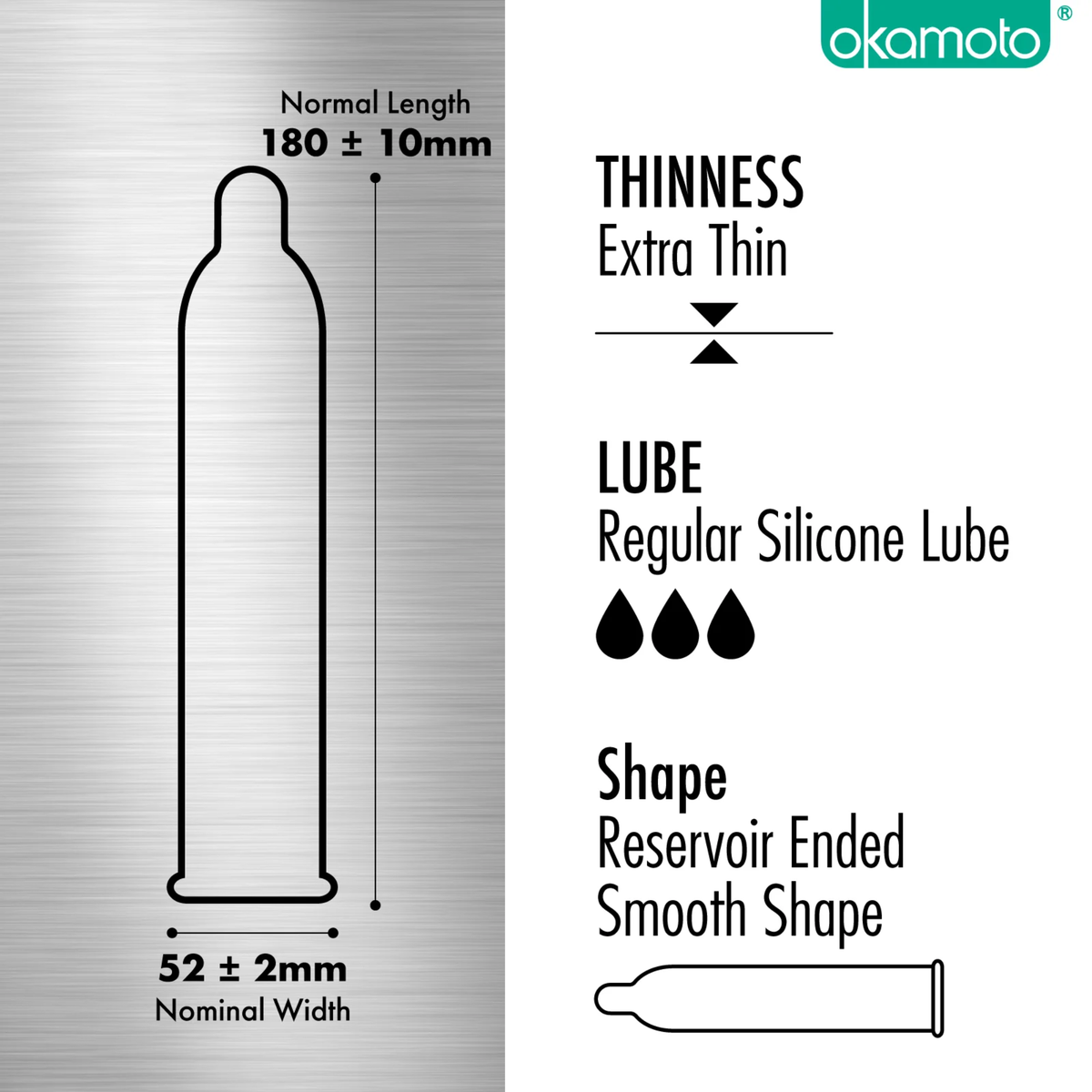 A technical diagram showing the condom's dimensions (180mm length, 52mm width) and features like silicone lube and a reservoir tip.