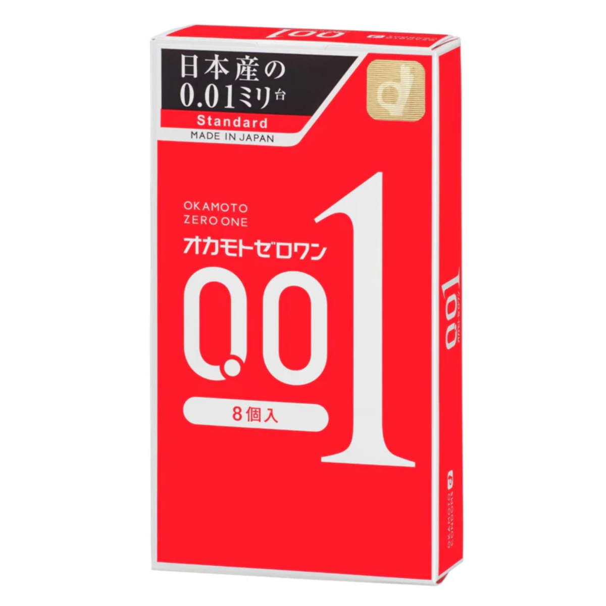 Front packaging shot of the red Okamoto Zero One 001 Standard 8-pack box highlighting its 0.01 mm ultra-thin classification and standard fit. Main image