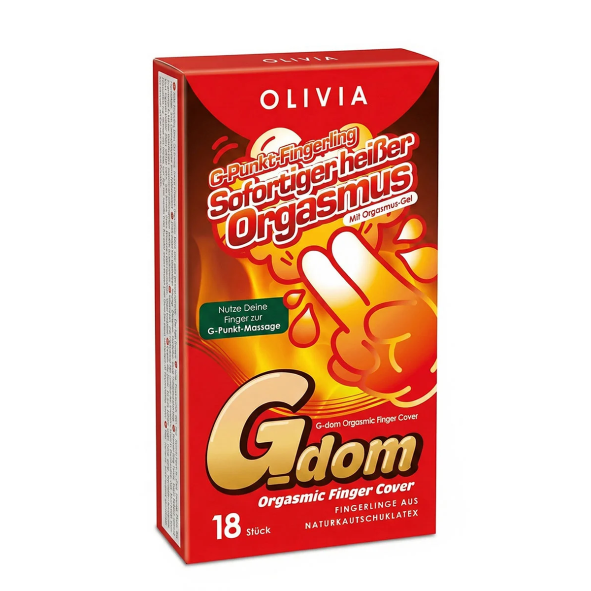 Studio product shot of the red Olivia G-dom Orgasmic Finger Cover 18-pack box standing upright at a three-quarter angle against a white background.