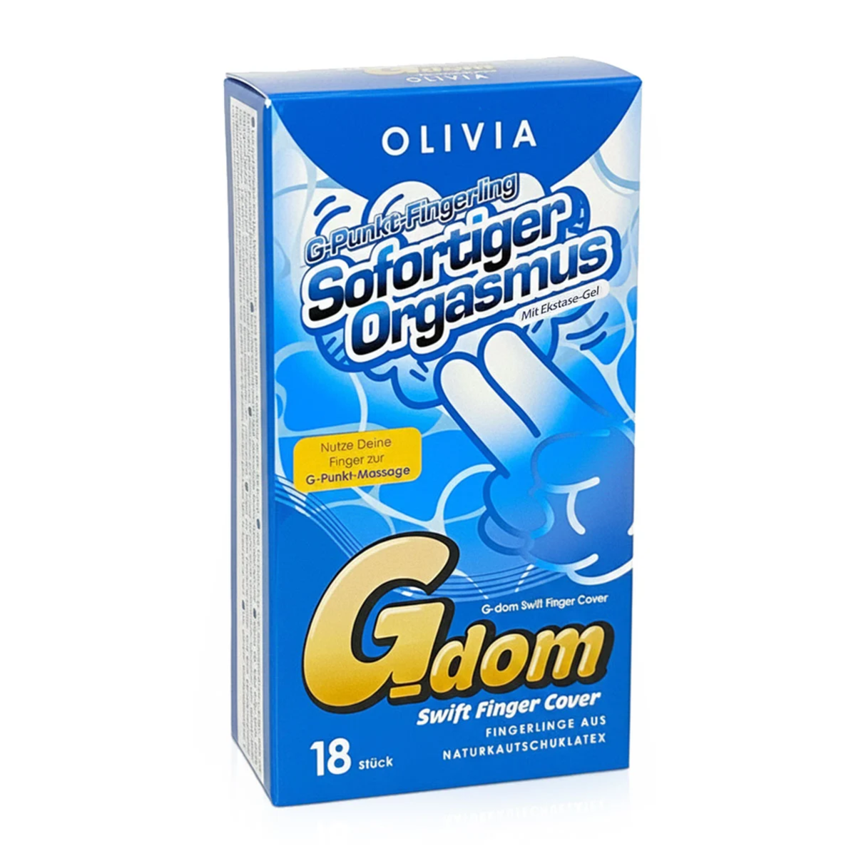 Studio product shot of the blue Olivia G-dom Swift Finger Cover 18-pack box standing upright at a three-quarter angle against a plain white background. Main image
