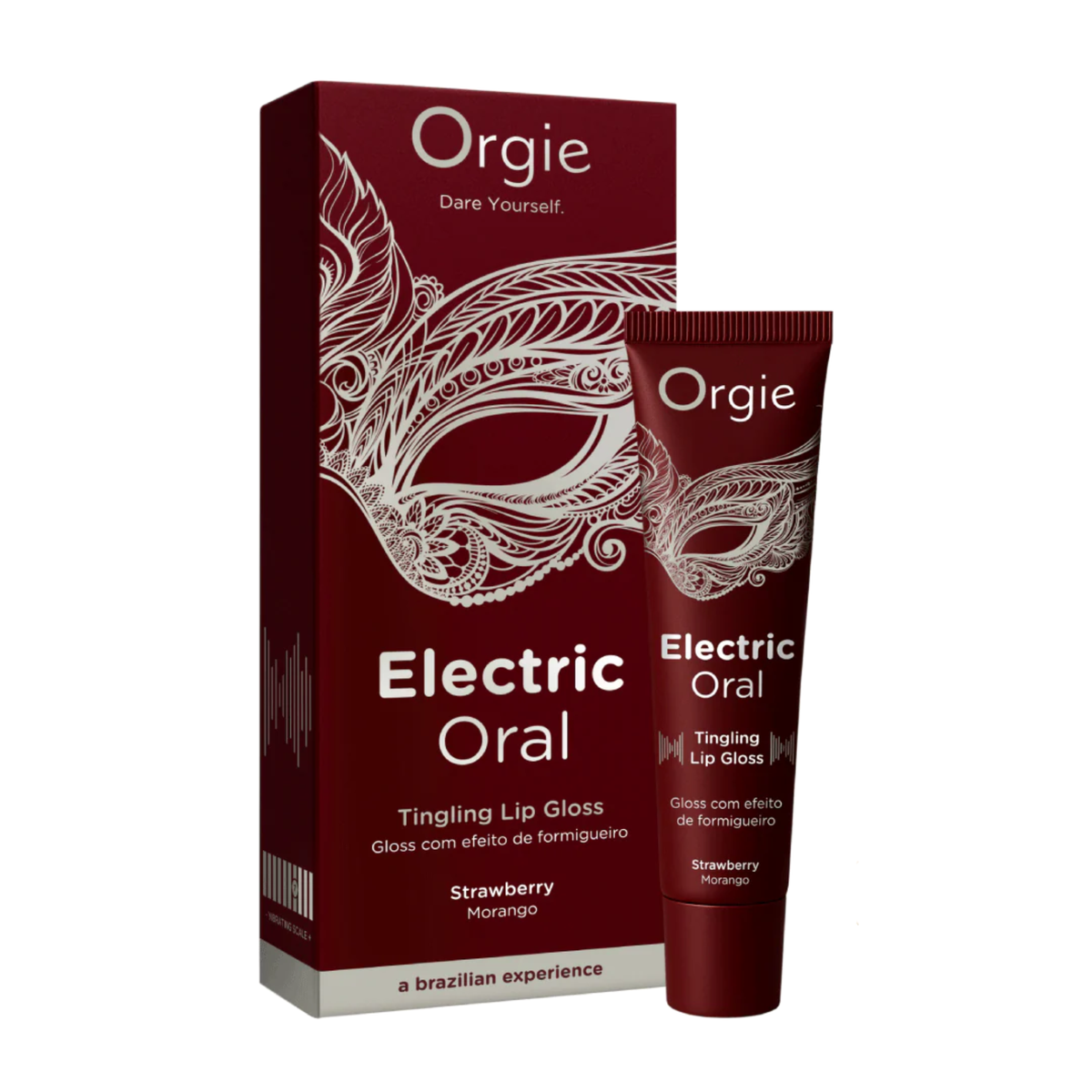 A product shot featuring a maroon box and a matching squeeze tube of Orgie brand "Electric Oral" Tingling Lip Gloss. The packaging is decorated with an intricate, white Venetian-style masquerade mask design. The text on both the box and the tube reads "Electric Oral Tingling Lip Gloss" in English, followed by "Gloss com efeito de formigueiro" in Portuguese, and denotes the flavor as "Strawberry / Morango." The bottom of the box includes the tagline "a brazilian experience." Main image