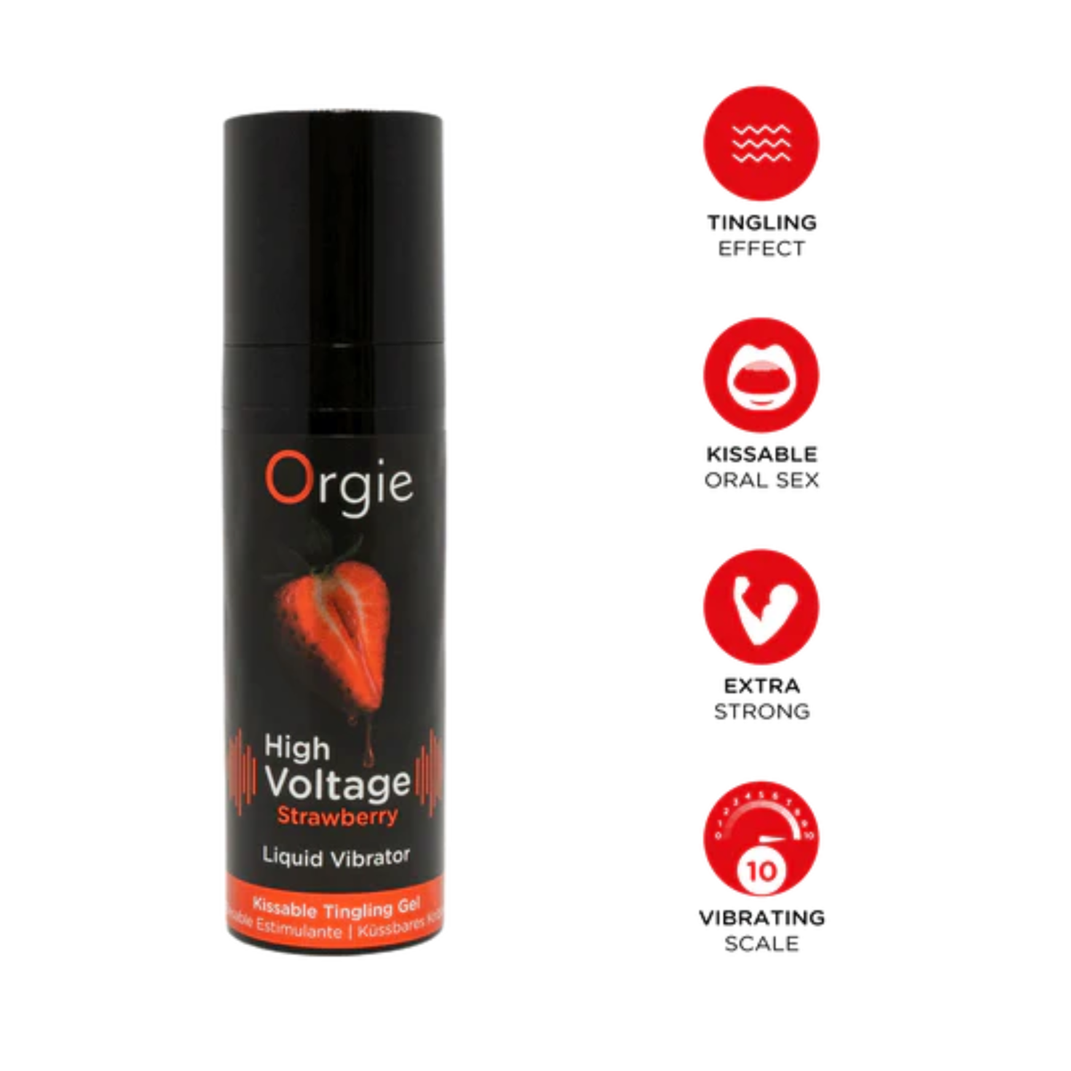Orgie High Voltage Strawberry Liquid Vibrator product features.