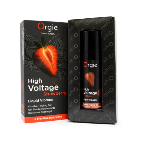 Orgie High Voltage Strawberry Liquid Vibrator bottle shown inside the open box.