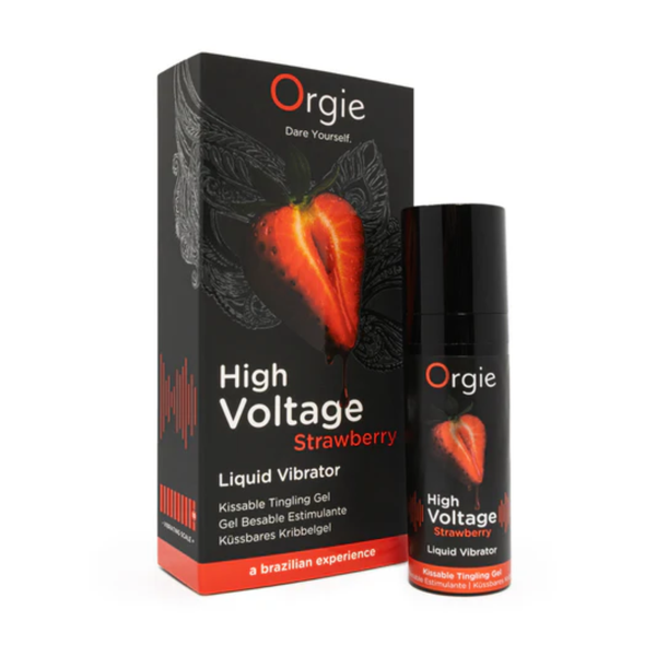 Orgie High Voltage Strawberry Liquid Vibrator bottle and box set in a white background.
