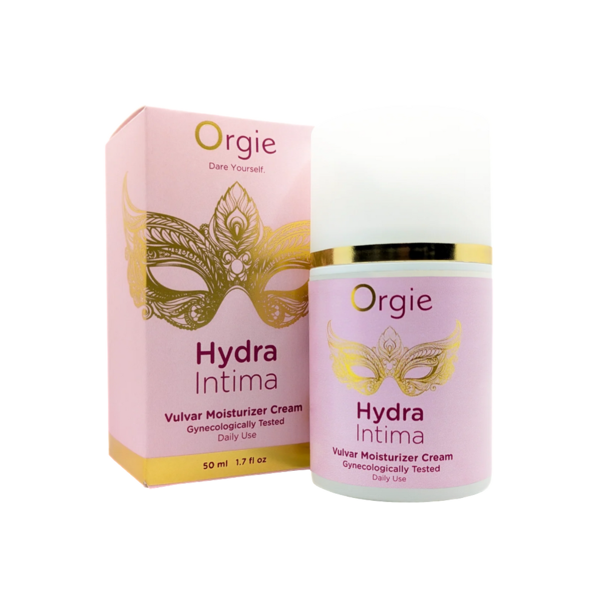 A pink box and white bottle of Orgie Hydra Intima Vulvar Moisturizer Cream. The box and bottle have gold text and a gold ornate mask illustration on them. The box specifies "50 ml 1.7 fl oz" and that the product is "Gynecologically Tested" and for "Daily Use." Main image