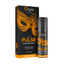 A box and pump bottle for Orgie Liquid Pulse Pulsing Sensation Gel. The design is matte black with a large, ornate orange lace masquerade mask. Text on the box highlights "Pressure waves" and "Vibration effect," labeling it as an "Intimate gel" and part of the "Orgie Innovation" line.