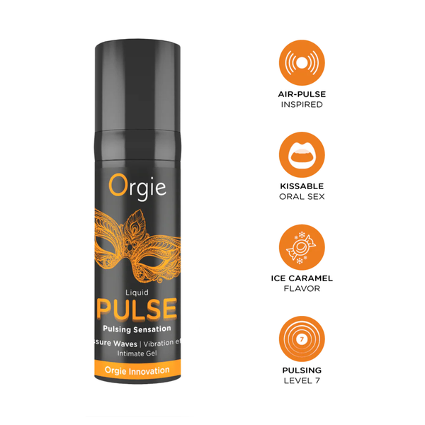 A bottle of Liquid Pulse intimate gel shown next to four feature icons. The icons list "Air-Pulse Inspired," "Kissable Oral Sex," "Ice Caramel Flavor," and a "Pulsing Level 7" intensity gauge. The packaging features the signature orange masquerade mask logo.