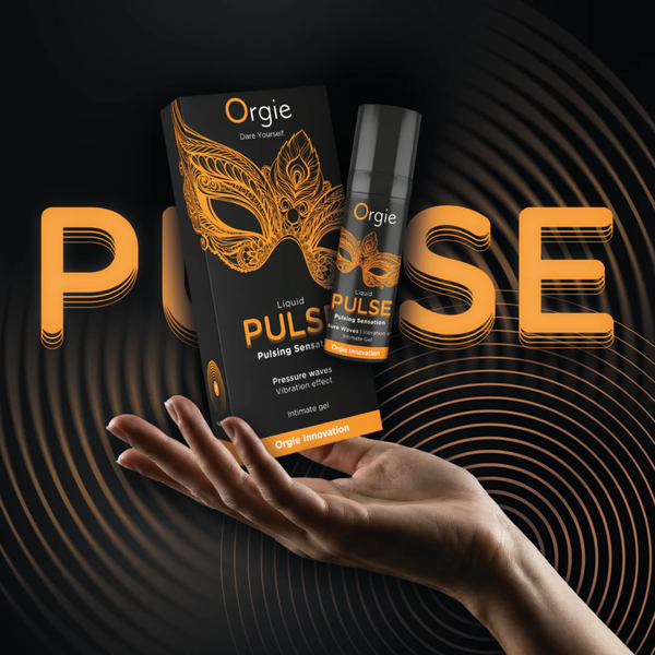A promotional image showing a hand held open with the Liquid Pulse box and bottle floating above the palm. The background features the word "PULSE" in large orange letters and a series of concentric circular lines, visually representing the pulsing pressure waves the product is designed to create.