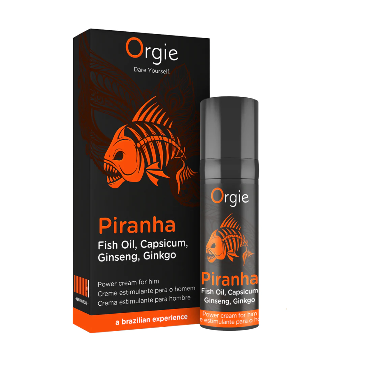 A product box and spray bottle for Orgie Piranha Power Cream for Him. The packaging is matte black with vibrant orange accents and features a stylized orange piranha skeleton logo. The text lists key ingredients: Fish Oil, Capsicum, Ginseng, and Ginkgo, with the tagline "a Brazilian experience.