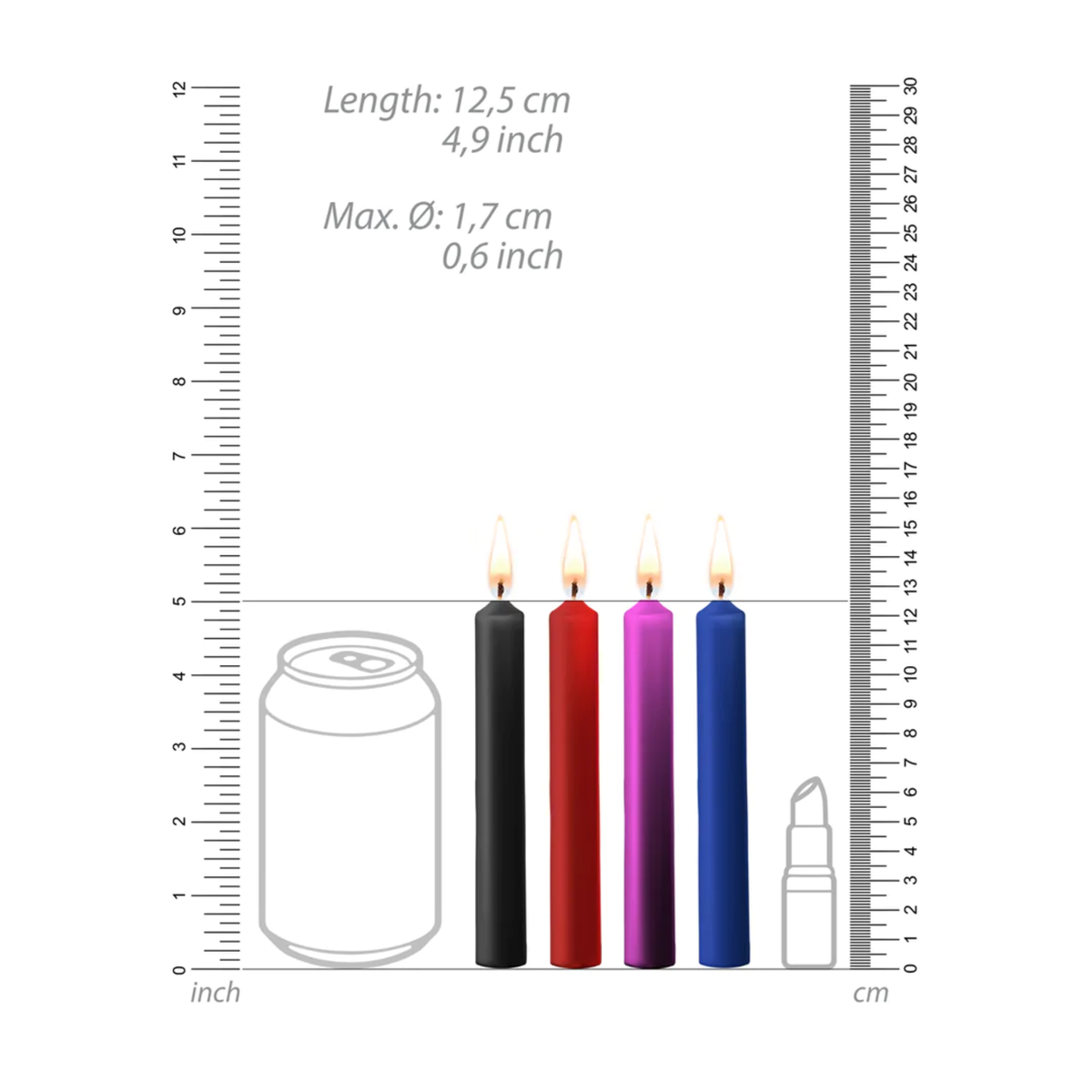 Size comparison diagram for the Ouch! Teasing Wax Candles Paraffin 4-Pack, showing a length of 12.5cm and diameter of 1.7cm.