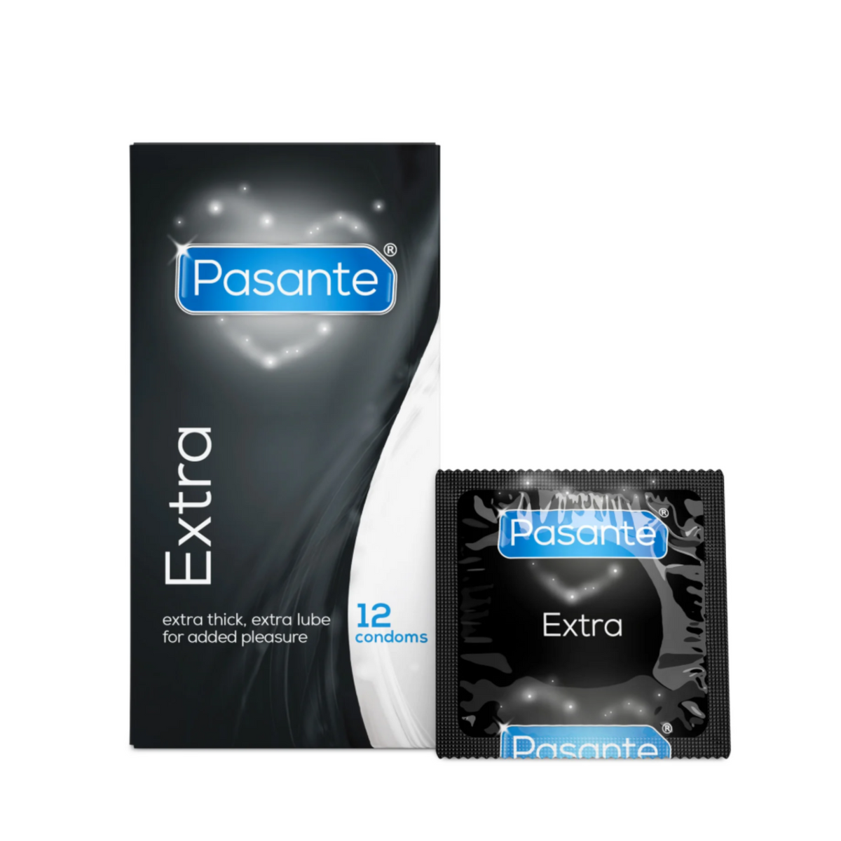 A Pasante Extra condom box and a single condom wrapper. The box is black with a white heart shape on the front. The name "Pasante" is written in blue letters inside the heart, with the word "Extra" below it. The box contains 12 condoms, which are extra thick and have extra lube for "added pleasure." To the right of the box is a single black condom wrapper with the same Pasante Extra design.