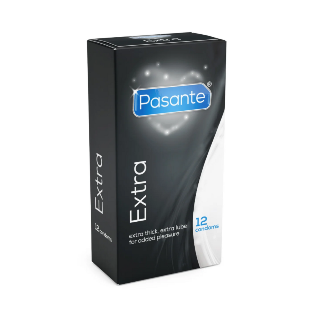 A Pasante Extra condom box. The box is black with a white heart shape on the front. The name "Pasante" is written in blue letters inside the heart, with the word "Extra" below it. The box contains 12 condoms, which are extra thick and have extra lube for "added pleasure."