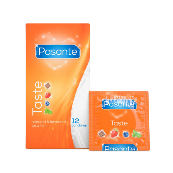 A Pasante Taste Flavours condom box and a single condom wrapper are shown side-by-side. Both the box and the wrapper are orange and white with a similar design. Box contains 12 condoms.