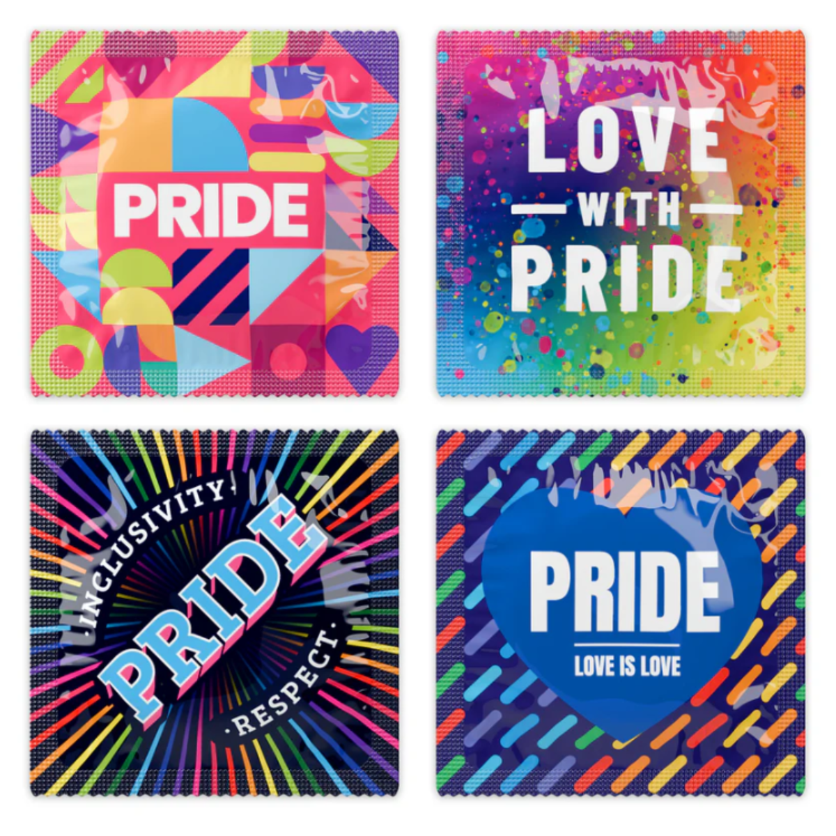 Pasante Pride individual condom wrappers in four different colourful designs. Main image