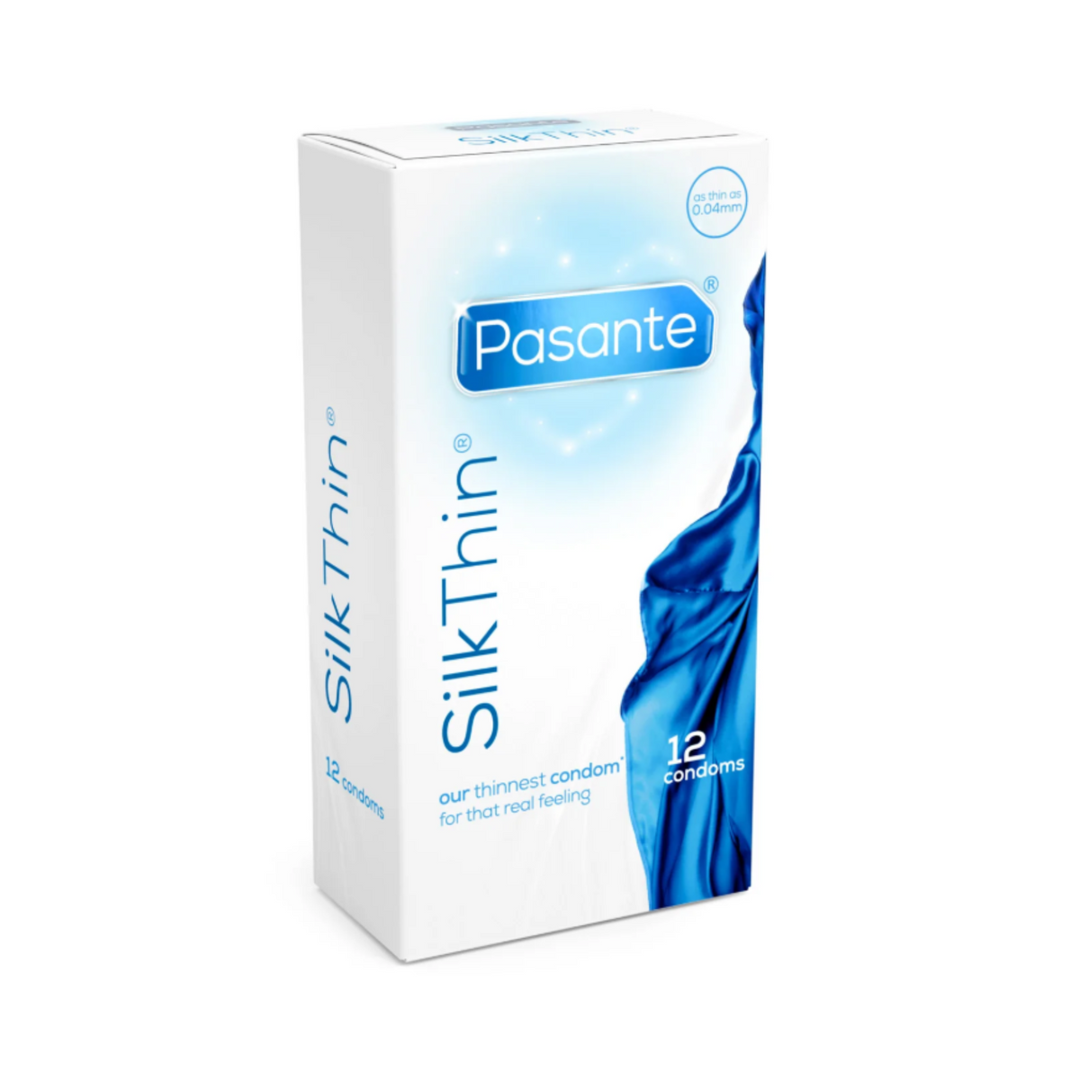 A Pasante Silk Thin condom box. The box is white and light blue. The name "Pasante" is written in blue letters in the middle of the box, with the words "Silk Thin" below it. The box contains 12 condoms. Main image