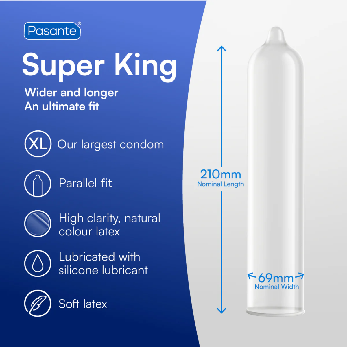 Pasante Super King XL condom packaging graphic showing a transparent condom illustration with dimensions labeled 210mm nominal length and 69mm nominal width. Text highlights it as Pasante’s largest condom with a parallel fit, soft natural-color latex, and silicone lubricant.