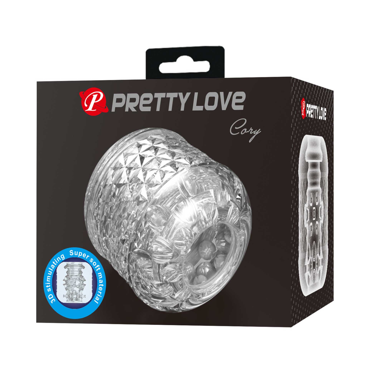 Retail box packaging shot for the Pretty Love Cory clear male masturbator, featuring product photography and a blue feature badge highlighting its super soft 3D stimulating material. Main image