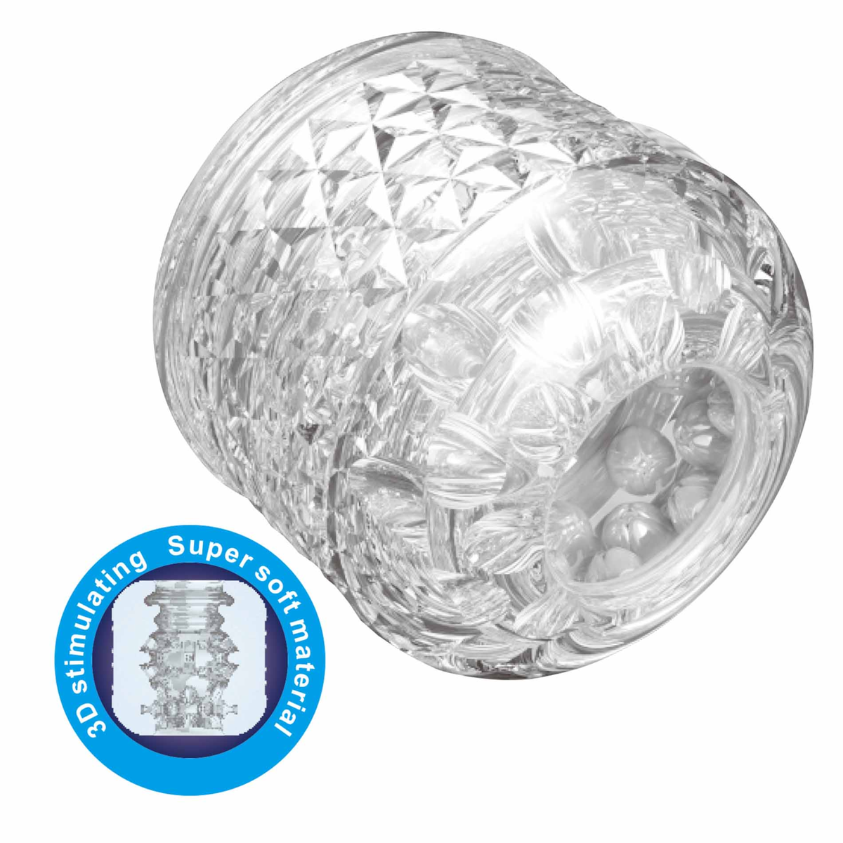 Three-quarter angle shot of the clear Cory masturbator sleeve, featuring a circular inset graphic illustrating its 3D internal stimulating texture.