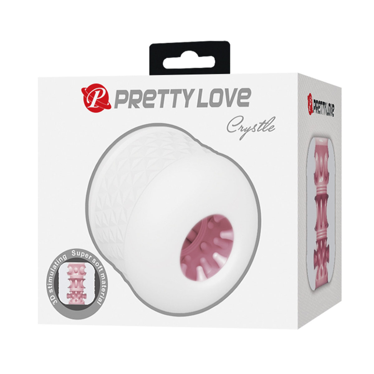 Retail box packaging shot for the Pretty Love Crystle white male masturbator featuring product artwork and feature badges. Main image