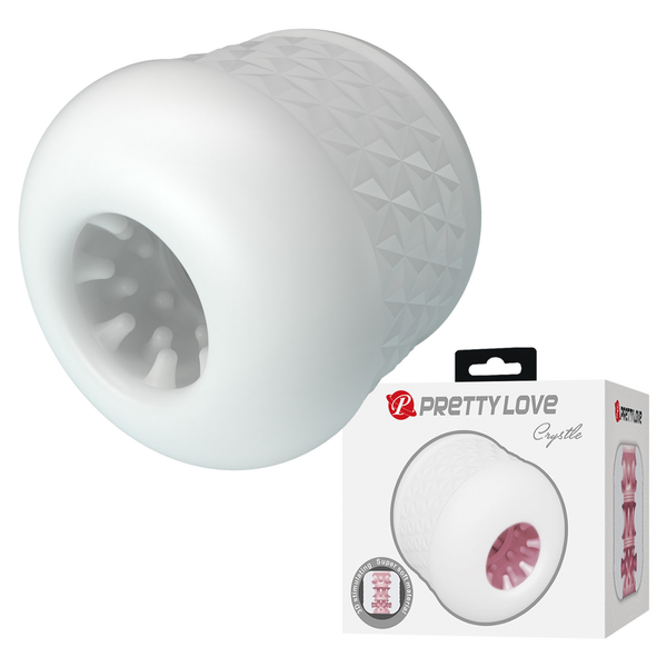 Studio product shot displaying the white Crystle male masturbator sleeve showing its textured geometric exterior next to its retail box.